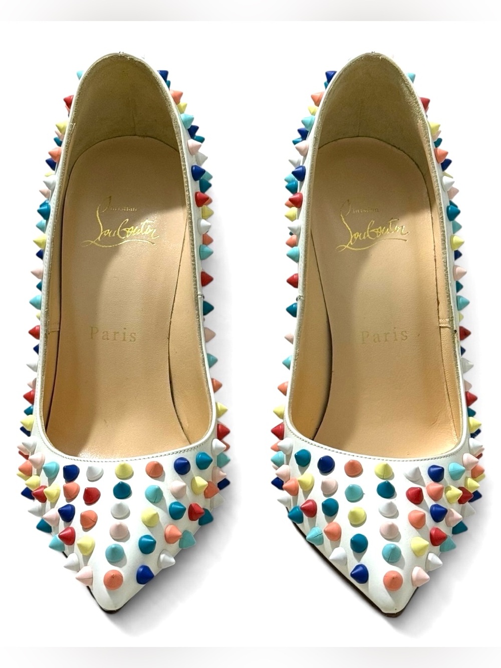 Christian Louboutin Pigalle 120 White Multicolor Spike Pumps Size 36.5